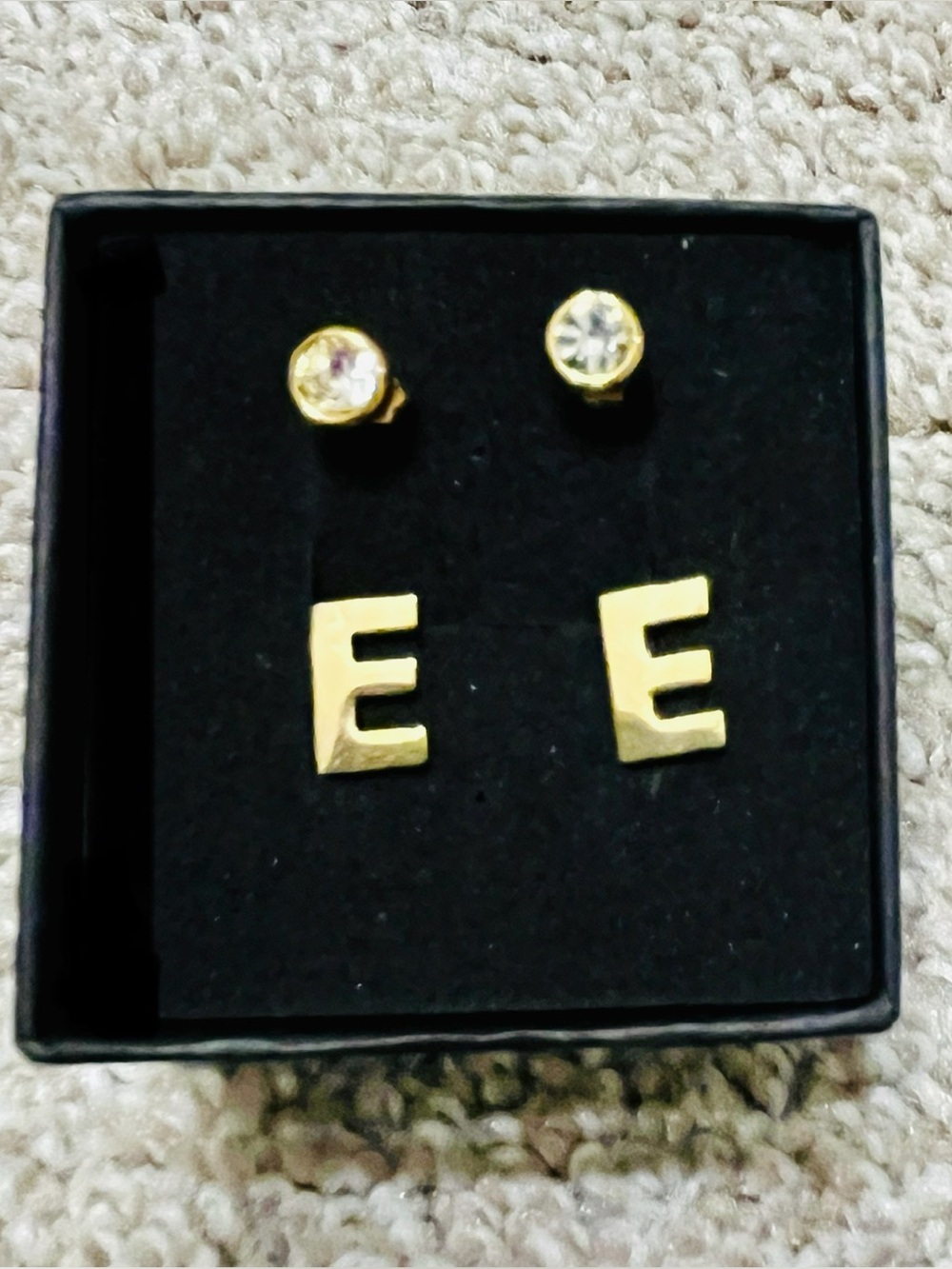 Gold Letter E Stud Earrings with Clear Crystal Accent
